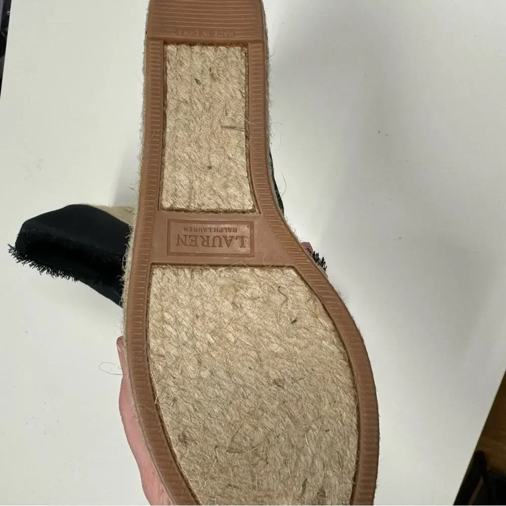 Lauren Ralf Lauren Black Linen Fringe Espadrille Wedge Sandals Womens 8.5